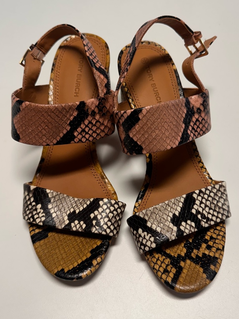 Tory Burch Snakeskin Block Heel Sandals – Gold Logo Heel – Size 8